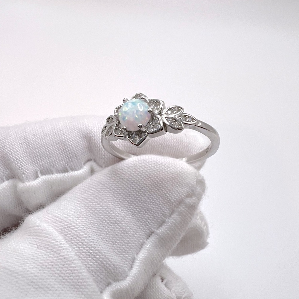 .925 Sterling Silver Lab Created White Opal Floral Ring - Picture 11 of 16